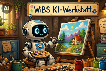 Ein KI-generiertes Bild mit einem kleinen Roboter, der in einem Zimmer ein Bild malt