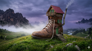 Ein fantasievolles Bild eines Stiefelhauses in einer hügeligen Landschaft.