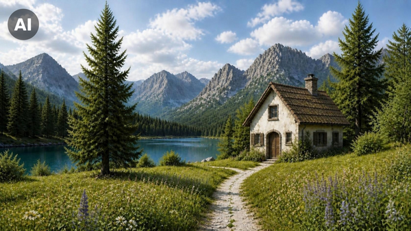 Ein Haus steht vor einer idyllischen Berglandschaft mit Gewässer direkt vor der Haustür