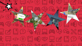 Rechts oben steht Weiß auf Grau: "Ausgewählte Lern-Apps zu Natur und Umwelt", unterhalb sind mehrere Sterne auf rotem Hintergrund zu sehen mit Screenshots von Apps in ihnen