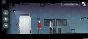 Ein Screenshot aus der Lernspiel-App Re:construction: Zwei Männer stehen in einem technischen Labor, rechts oben am Bildschirm ist die Anweisung "Erledige Aufgaben mit dem VR-Ausbildungssystem" zu lesen.