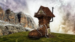 Ein fantasievolles Bild eines Stiefel-Hauses in einer hügeligen Landschaft.