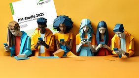 Im Vordergrund starren Jugendliche im Origami-Stil auf Smartphones, im Hintergrund ist das Deckblatt der JIM-Studie 2025 zu sehen