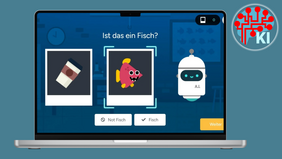 Vor azurblauem Hintergrund steht ein grafisch visualisierter Laptop, auf dem ein Screenshot des Lernspiels "KI für Ozeane" zu sehen ist