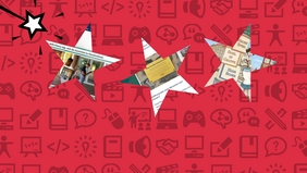 Auf rotem Hintergrund sind mehrere Sterne mit Screenshot-Ausschnitten aus Lern-Apps zu sehen