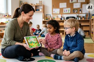 Eine Pädagogin sitzt im Kindergarten mit zwei Kindern am Boden. Sie hält lächelnd ein Tablet und zeigt den Kindern ein buntes Tierbild am Tablet.