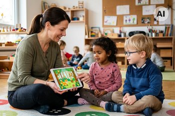 Eine Pädagogin sitzt im Kindergarten mit zwei Kindern am Boden. Sie hält lächelnd ein Tablet und zeigt den Kindern ein buntes Tierbild am Tablet.