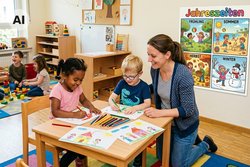 Eine Pädagogin kniet im Kindergarten bei einem Tisch, an dem zwei Kinder sitzen und malen. Im Hintergrund an der Wand hängt ein KI-generiertes Jahreszeiten-Poster.
