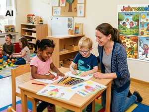 Eine Pädagogin kniet im Kindergarten bei einem Tisch, an dem zwei Kinder sitzen und malen. Im Hintergrund an der Wand hängt ein KI-generiertes Jahreszeiten-Poster.