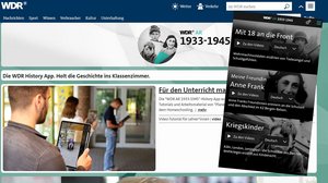 Der Screenshot zeigt die Seite der WDR-History-App 1933-45 sowie rechts auch den Startschirm der App mit Bildern aus dem Zweiten Weltkrieg