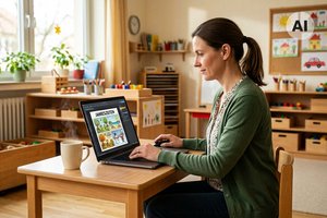 Eine Frau sitzt in einem Kindergarten-Gruppenraum ohne Kinder darin an einem Schreibtisch am Laptop und generiert mittels KI ein Jahreszeiten-Bild.